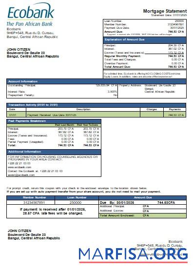 Realistic Central African Republic Ecobank bank mortgage statement scr sample